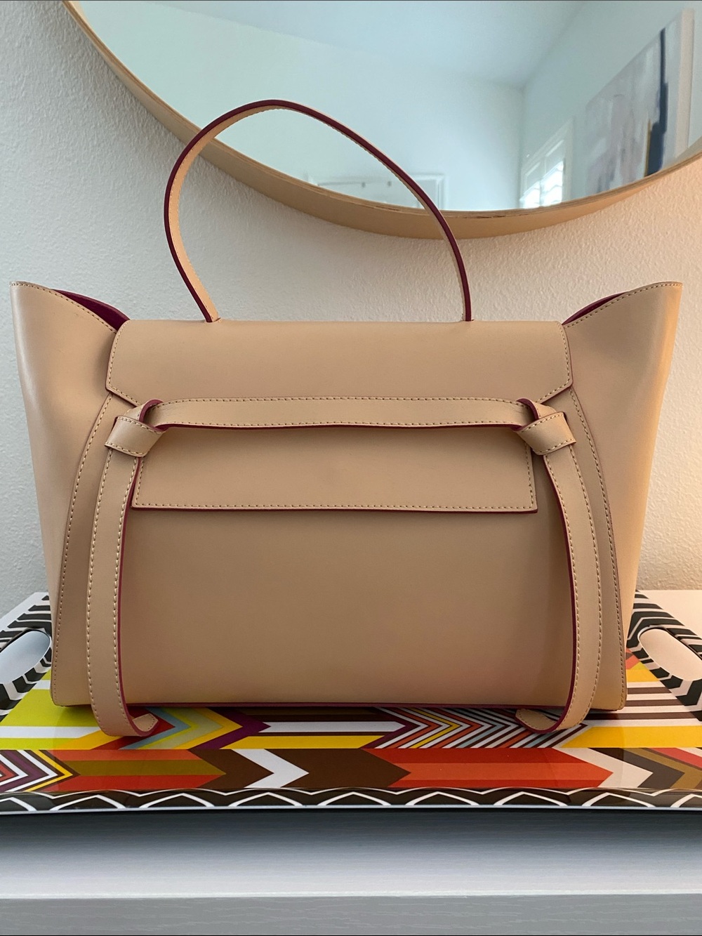 Alberta di Canio Made in Italy Women's Tote Bag in Beige with Suede Magenta Trim